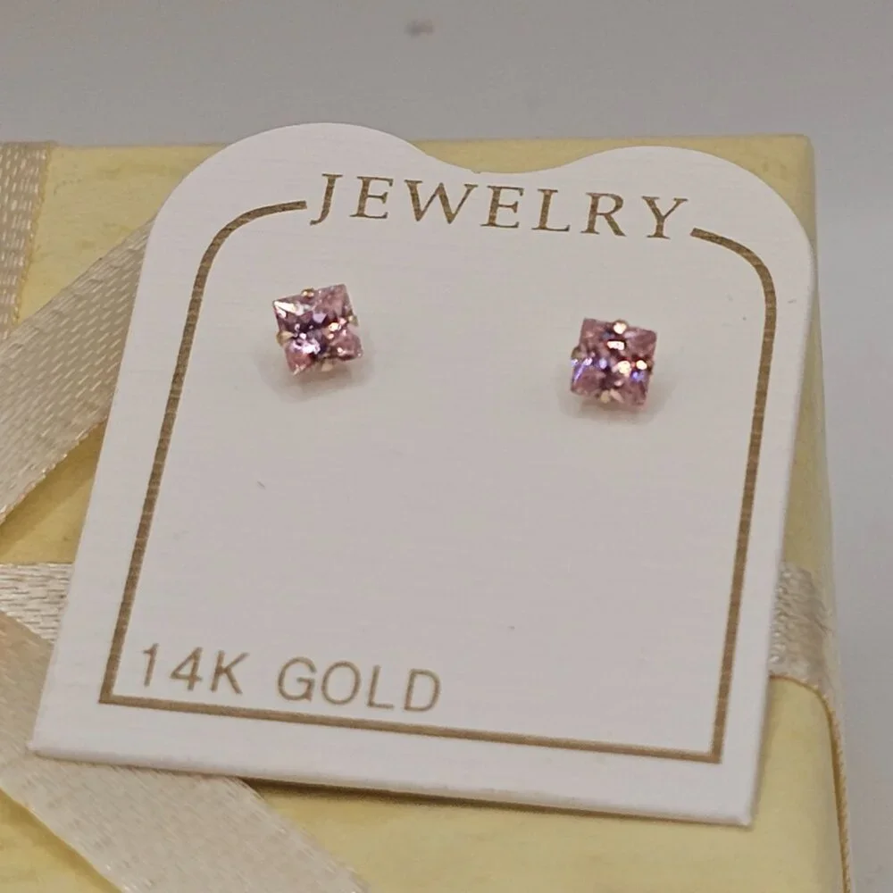 14KT Gold Light Pink Square Screw Back Stud Earrings 3mm